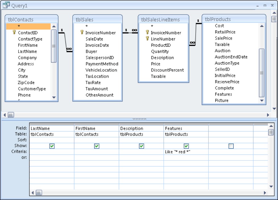 Using the Like operator with a select query in a Memo field. In this case, the query looks for the word red in the Features field.